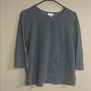 J Jill Ponte Large Blue Gray Houndstooth Patterned Top Blouse